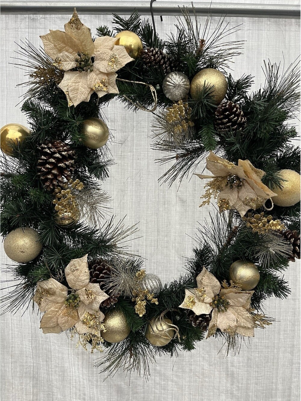 Christmas Wreath White Poinsettia Large Door Hanging 26 in Pinecone ornaments ￼